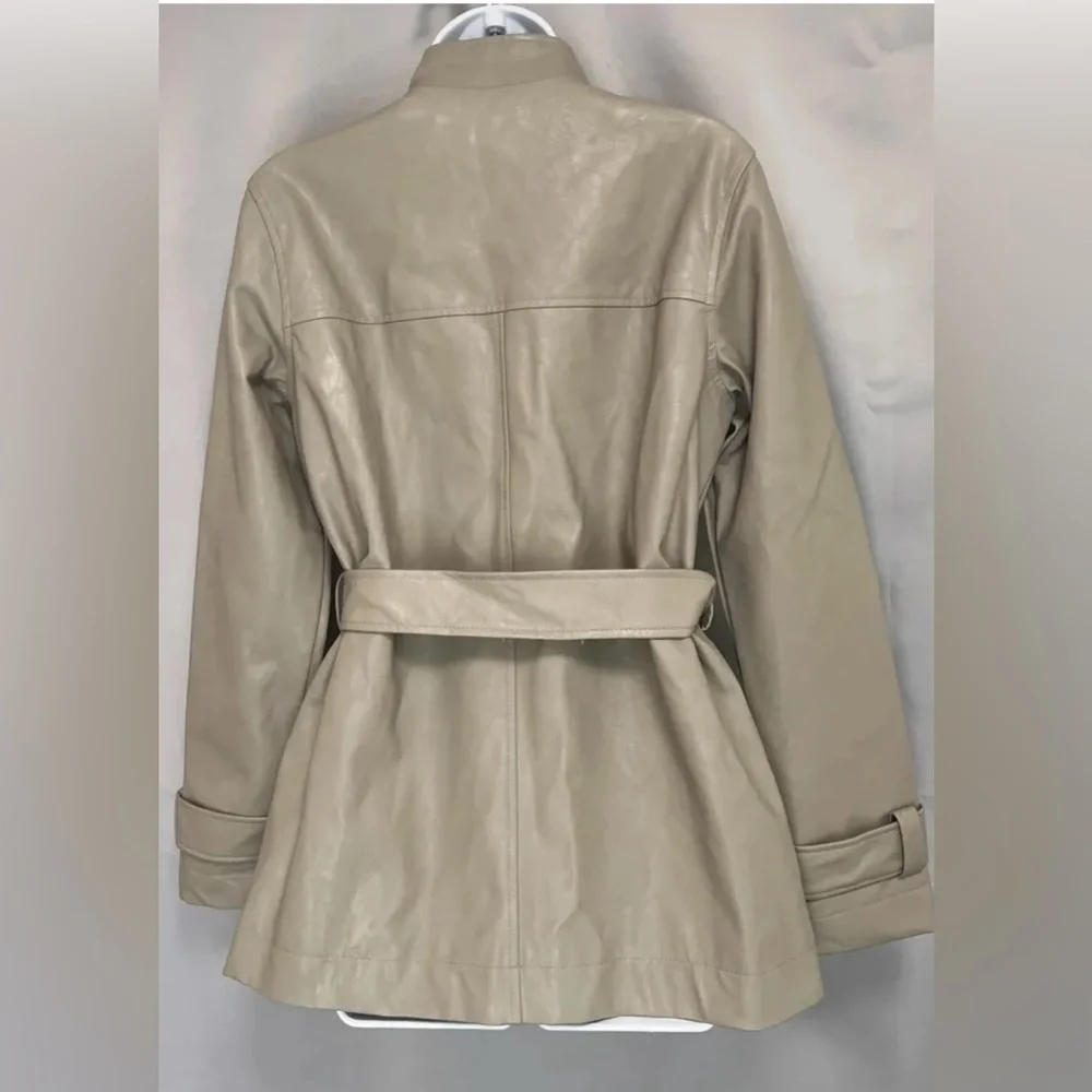 A New Day Anorak Faux Leather Frontier Brown Jacket Coat Full Zip Tie Front NWOT